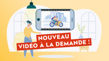 Visuel de la journée d'échange sur la VOD en bibliothèque : illustration présentant une jeune femme avec un casque sur les oreilles et un écran de téléphone sur lequel un film est diffusé, texte "Nouveau, vidéo à la demande" 